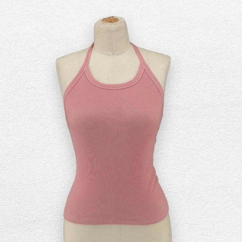 Re/Done x Hanes Ribbed Sylvie Halter Tank Top in Rose Quartz Pink